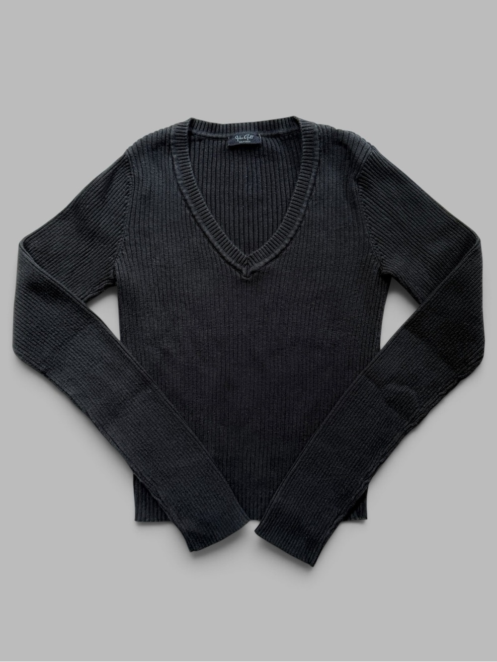 John Galt Ribbed V-Neck Sweater Black One Size XS S